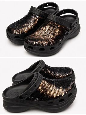 NWOT Crocs Classic Bae Platform Clogs Black Sequin Glitter Luxe Statement Shoes